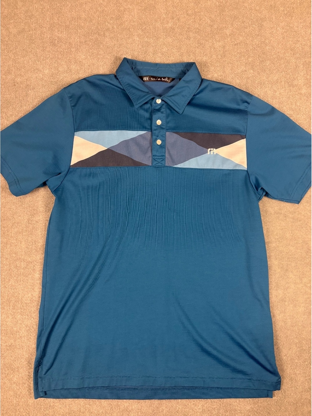 TravisMathew Blue Geometric Colorblock Short Sleeve Polo Shirt